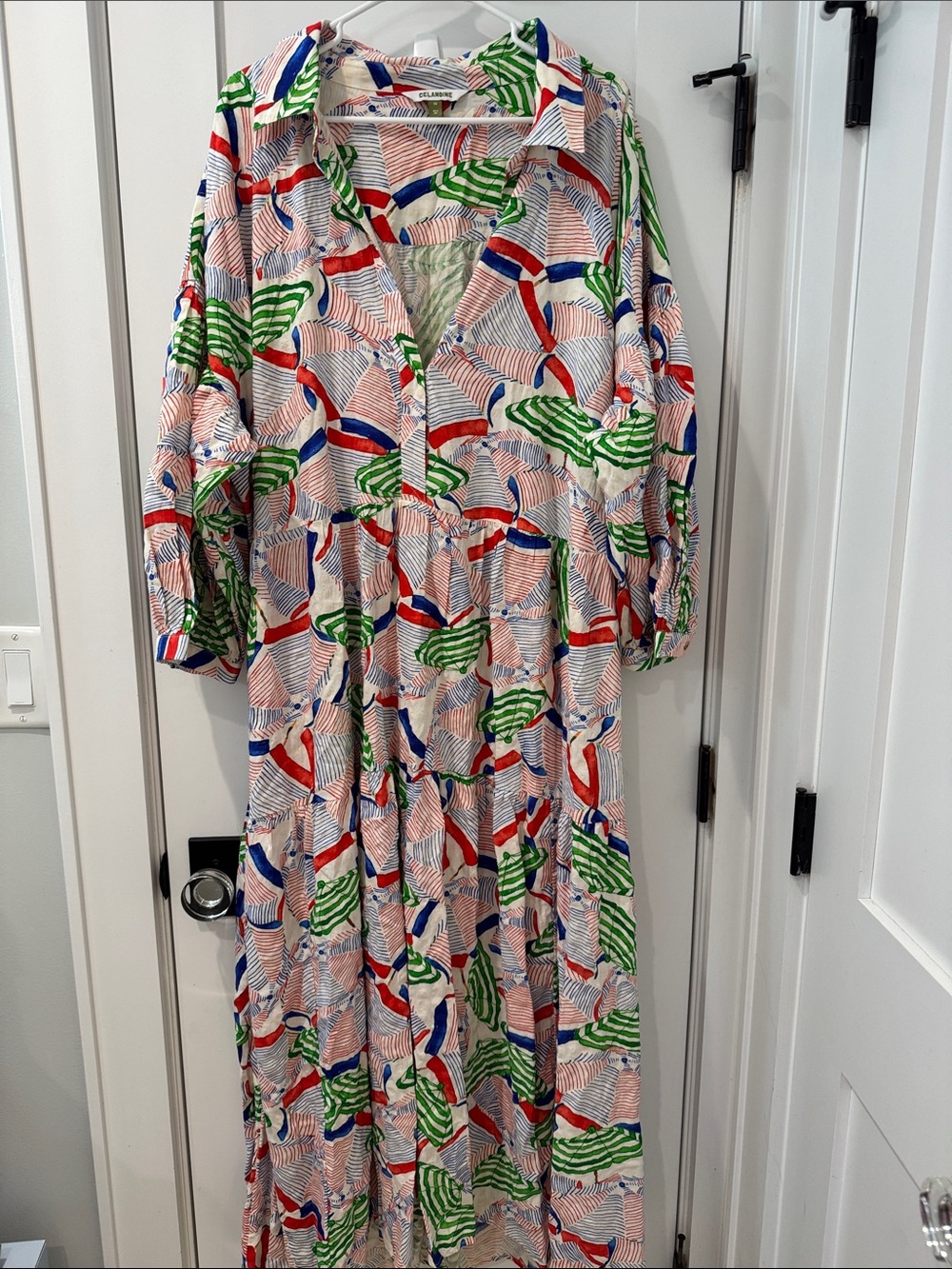 Abstract Stripe Maxi Shirt Dress in Red, Green & Blue